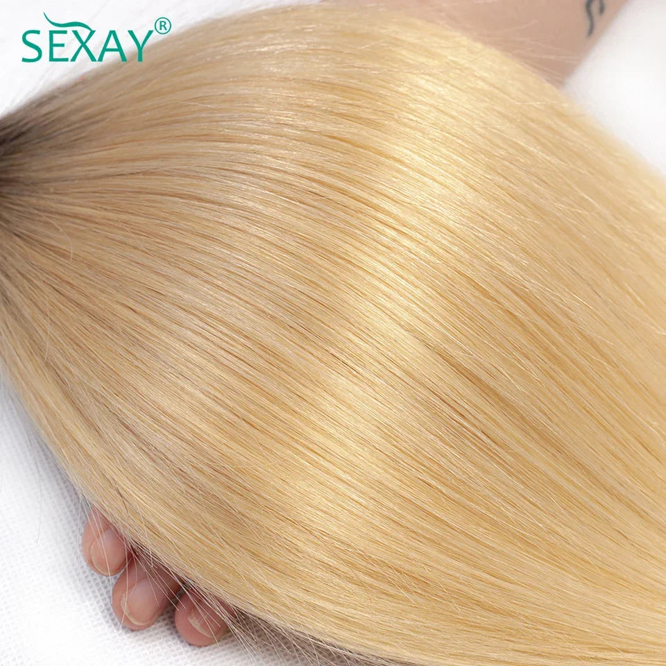 Sexay 1B Blonde Straight Human Hair Bundles With Closure Pre Plucked Ombre Honey Blonde Bundles With Transparent Lace Closures